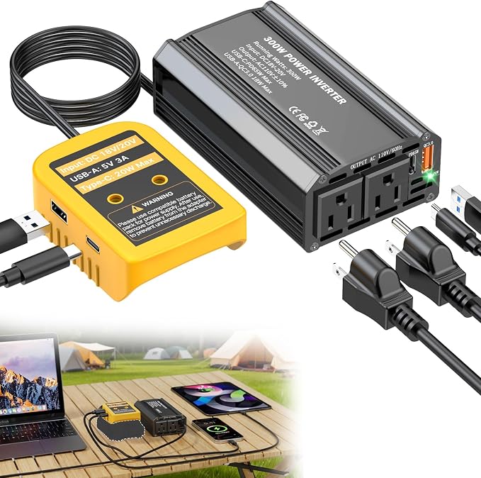 300W Power Inverter Compatible with Dewalt 20V Battery, DC 20V to AC 110V Battery Converter with PD 65W Type-C Fast Charging & 20W USB-C, 2 AC Outlet & 2 USB-A Port Portable Power Station for Camping