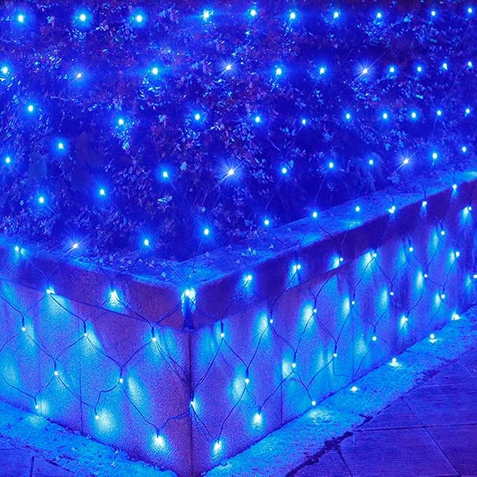 Blue Net Lights, 15x 5ft Christmas Bush Lights Outdoor Green Wire | 300 LED Large Net Mesh Lights Plug in, 8 Modes Waterproof Connectable Bushes Lights for Halloween Hedge Yard Decor