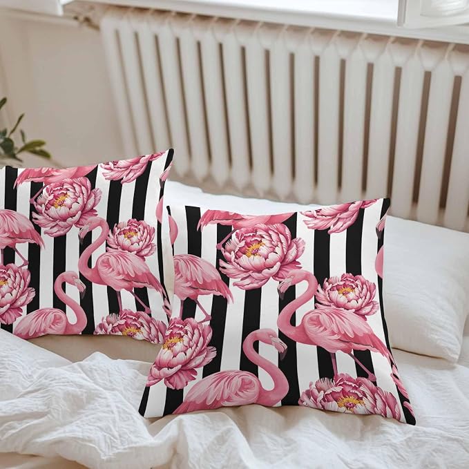 Pink Flamingos and Flowers with Black and White Stripe Outdoor Pillow Cover 16x16 Inch Cushion Sham Case, Waterproof Decorative Square Throw Pillowcase for Outside Garden Patio Porch Couch Chair Tent