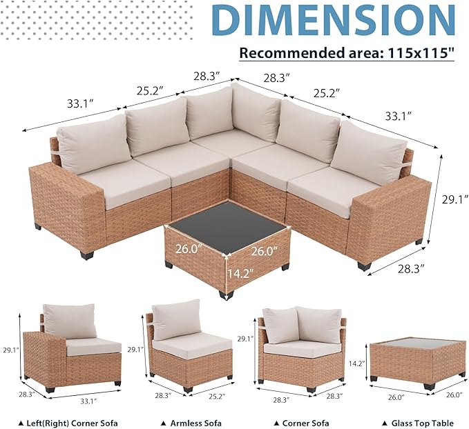 JOIVI 6-Piece Outdoor Sectional Patio Furniture Set, All-Weather Wicker Conversation Sectional with 8” Wide Armrests & 4” Cushions, Modular L-Shaped Sofa for Backyard, Garden & Porch, Beige