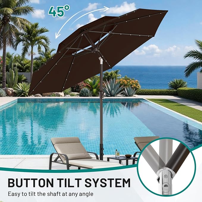 AreShark 9ft 2 Tiers Patio Umbrella with Solar Lights, Outdoor Umbrella w/ 32 LED Lights&8 Sturdy Ribs, Table Umbrella for Deck, Backyard, Pool(Dark Brown)