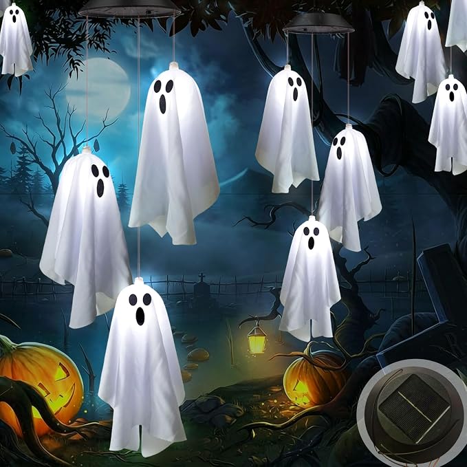 2Pack Hanging Ghost Swing Solar Lights for Halloween Decorations | 6Pc Spooky White Ghosts with ON/FLASH Lighting Mode, Cute Light Up Ghost Kit for Garden Yard Tree Front Porch Halloween Decor