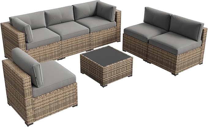 Aoxun Patio Furniture Sets, 7-Piece Outdoor Patio Furniture with Thick Cushions, Wicker Outdoor Conversation Set Sectional Sofa for Backyard, Poolside, Garden (Included Waterproof Cover