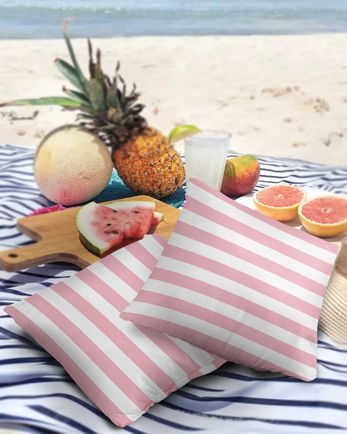 Outdoor Waterproof Pillow Covers for Patio Furniture Pink and White Stripes Decorative Throw Pillow Cover Solid Striped Pillowcases Set of 2 Cushion Case for Sofa Couch Chair 18 x 18 in