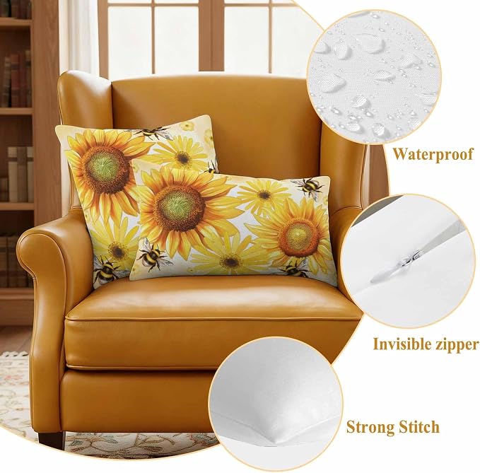 Outdoor Throw Pillow Covers,Rustic Sunflower Yellow Flower Waterproof Decorative Pillowcases Cushion Cover Spring Farmhouse Floral Bee Pillow Cases for Patio Couch Sofa Bed,16x16in Set of 2