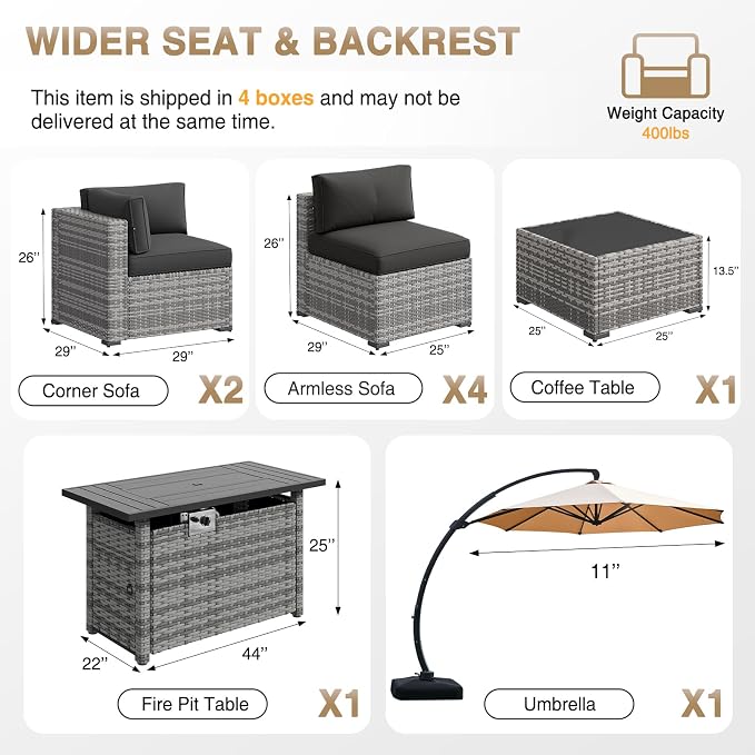 Aoxun Patio Furniture Sets, 9-Piece Outdoor Patio Furniture with 44'' Propane Gas Firepit Table and 11FT X 11FT Cantilever Umbrella, Wicker Outdoor Conversation Set for Backyard