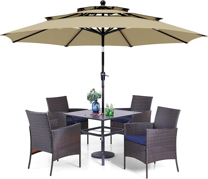 PHI VILLA 5pc Patio Dining Set with Umbrella, Square Table, Rattan Chairs | Outdoor Dining Set for 4, 37" Metal Table & 4 Cushioned Rattan Chairs with Beige Umbrella for Outdoor, Deck, Yard, Porch