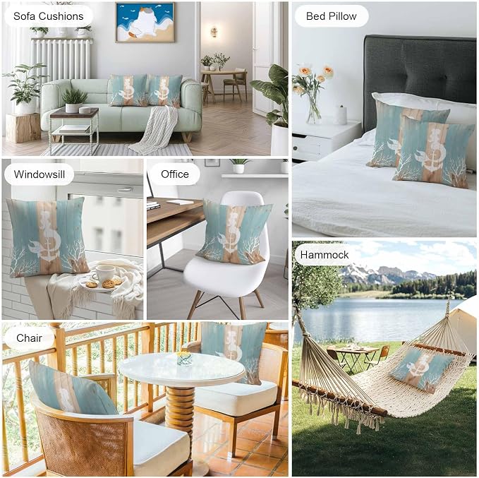 Summer Nautical Outdoor Waterproof Pillow Covers Set of 2, White Mermaid Coral Anchor Silhouette Wood Grain Pillowcase Decorative Throw Cushion Cases for Patio Garden Couch 18 x 18 Inches