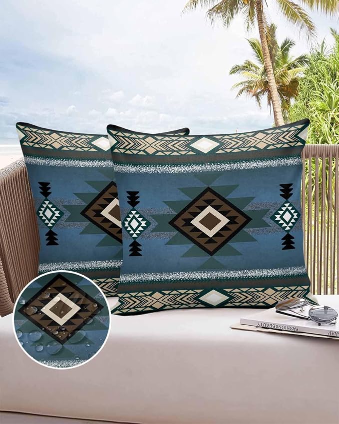Vandarllin Outdoor Throw Pillows Covers 20x20 inch Set of 2 Waterproof Blue Tribal Style Decorative Zippered Cushion Covers for Patio Furniture, Southwest Native American Lumbar Pillowcases