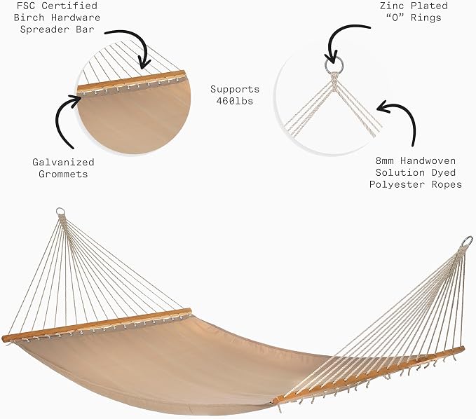 Fab Habitat Solid Recycled Polyester Hammock - Fargo - Khaki - Indoor/Outdoor, Quick Dry, 2 Person 460 lbs Capacity - Patio, Poolside, Backyard, Garden, Beach, Balcony - 12-14 ft Adjustable