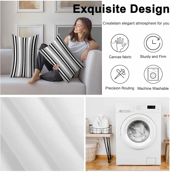 Lumbar Pillow Covers 20x12 Inch Set of 2, Black Gray Striped Waterproof Outdoor Pillow Covers, Contemporary Minimalist Lines Art Decorative Cushion Pillowcases for Couch, Sofa, Bed, Garden, Patio