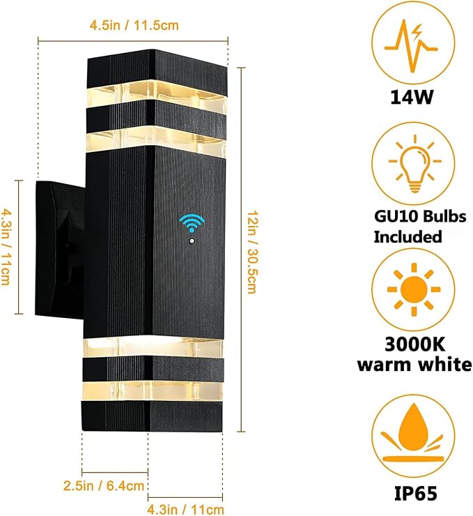 Dusk to Dawn Outdoor Wall Lights Fixture, Up and Down Porch Lights Outdoor Wall Black Modern Exterior Lights, IP65 Warm White 3000K Waterproof LED Wall Sconce for House Garage, 2 Pack
