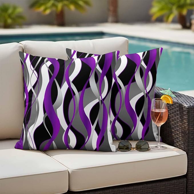 Outdoor Pillow Covers Set of 2, Modern Purple Grey Black Stripes Decorative Throw Pillow Covers 16X16IN, Gradient Abstract Art Throw Pillows Protector Cushion Case for Patio,Couch,Sofa,Garden
