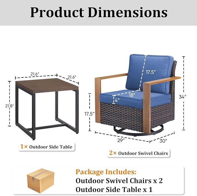 Outdoor Swivel Rocker Patio Chairs Set of 3, High Back Swivel Patio Chairs with Side Table & Metal Arm, Wicker Outdoor Bistro Set for Porch, Yard, Deck, Poolside, Blue