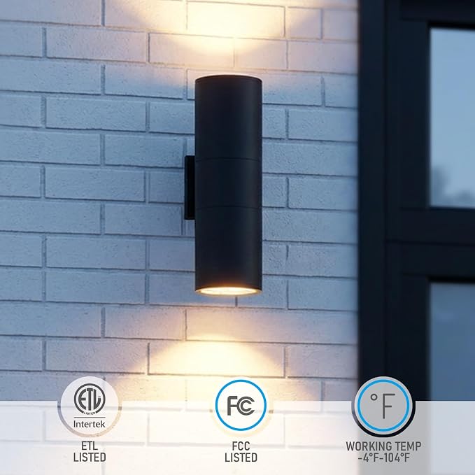 LEONLITE 2-Pack 18" Outdoor Cylinder Wall Light, Up and Down, E26 Base | Modern Porch Patio Lights, Waterproof Wall Sconce, Exterior Light Fixture Wall Mount, Aluminum, Matte Black, ETL Listed