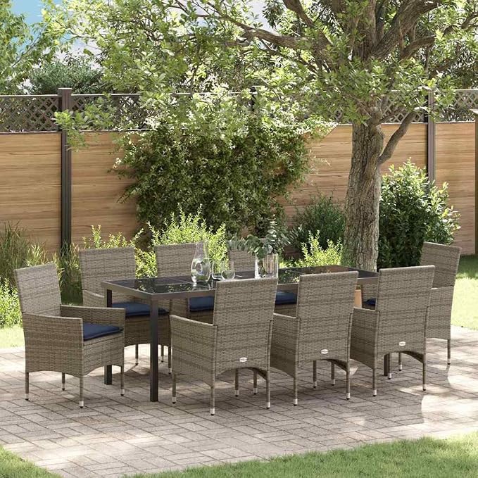 9-Piece Outdoor Dining Set with Cushions, Grey PE Rattan Patio Table and 8 Chairs for Garden, Backyard, and Deck