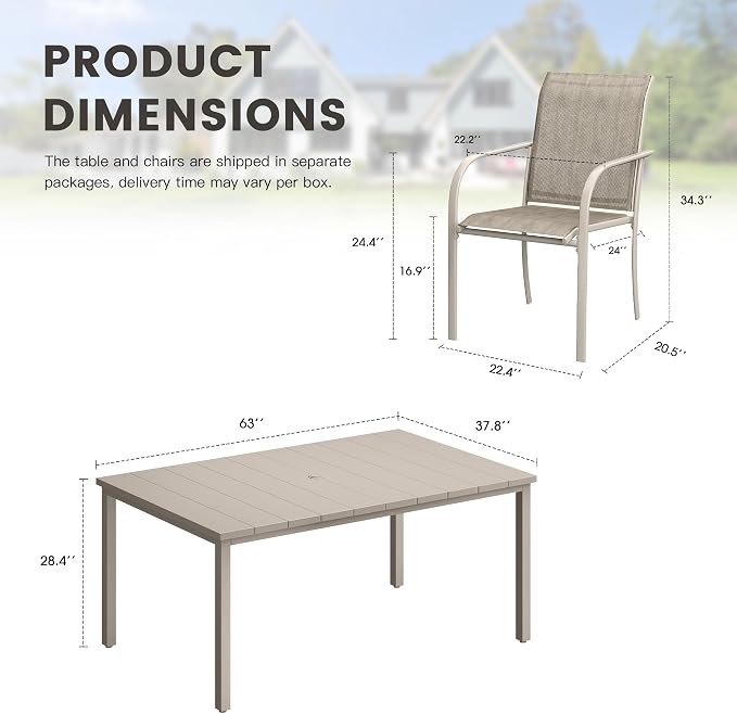 Patio Table and Chairs Set for 6, Outdoor Dining Set with 6 Stackable Dining Chairs and 63"x 37.8" Metal Steel Rectangle Dining Table for Backyard, Deck, Lawn, Garden, Sandshell