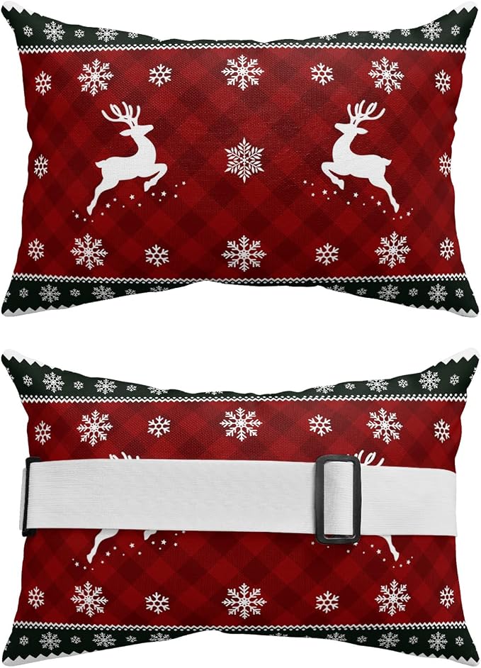 Outdoor Pillows Covers with Inserts Christmas Elk Dreamlike Snowflake Border Waterproof Recliner Pillow with Adjustable Strap Throw Pillows for Patio Furniture Pool Lounge Chair, 11x16 inch, 1PCS