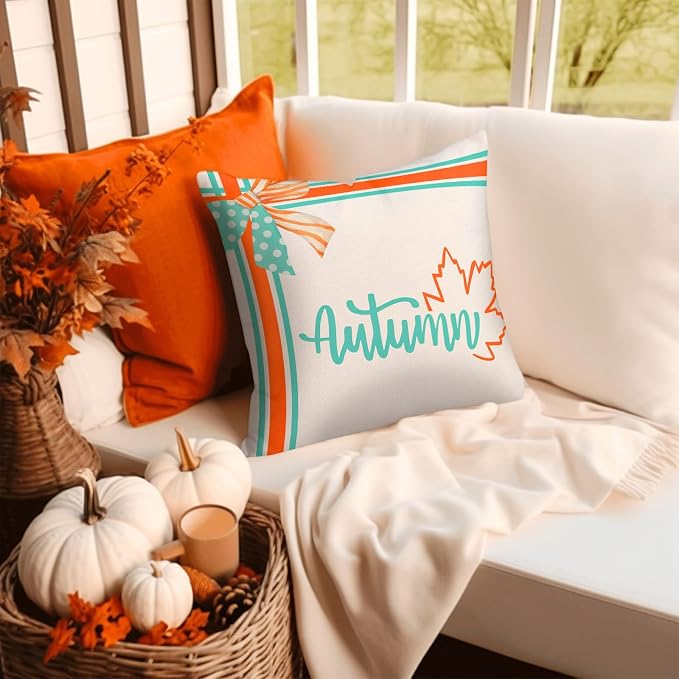 Jarrtinle Hello Pumpkin Fall Outdoor Throw Pillow Covers Waterproof 18x18 Maple Leaves Farmhouse Patio Cushion Cases Inch for Porch Couch Bench Set of 2 Thanksgiving Decorations