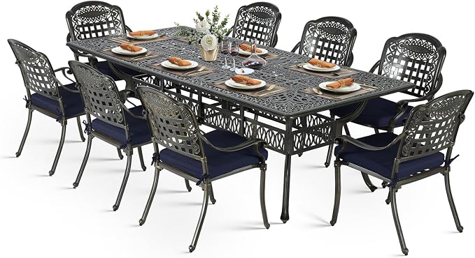 VIVIJASON 9-Piece Outdoor Dining Set, Cast Aluminum Retro Patio Furniture Table and Chairs Set for 8, Include Large 94.5" Rectangular Dining Table and 8 Chairs with Umbrella Hole, Navy Blue Cushion
