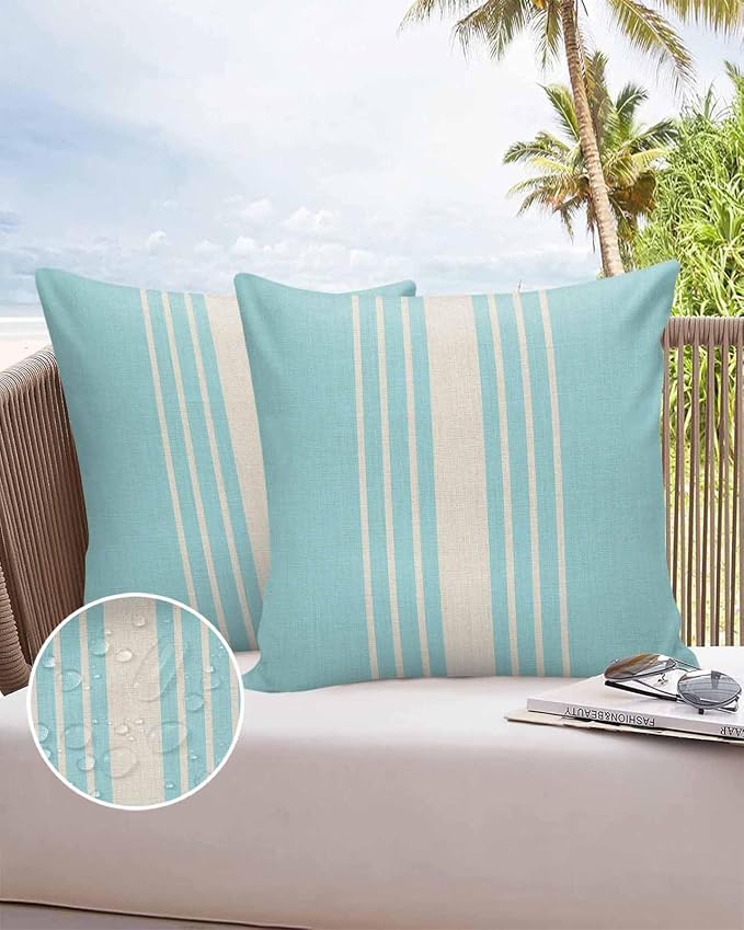 Vandarllin Outdoor Throw Pillows Covers 20x20 inch Set of 2 Waterproof Sky Blue Vertical Stripes Decorative Zippered Cushion Covers for Patio Furniture, Classic Striped Linen Lumbar Pillowcases