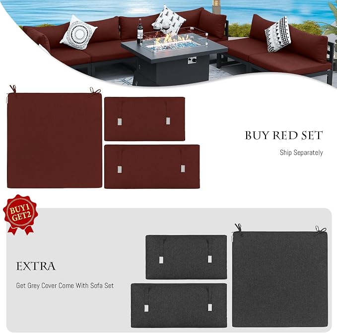 BULEXYARD 9 Piece High End Aluminum Patio Furniture Set with Fire Pit Table, 500 lbs Heavy Duty Outdoor Sectional Sofa, 29" Deep Wide Oversized Seat, L Shaped Conversation Couch for Exterior, Burgundy