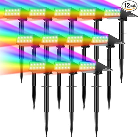 WENATY Solar Spot Lights Outdoor Waterproof, 12 Pack Solar Spotlights, RGB | 7 Lighting Modes, Color Changing Solar Powered Landscape Flood Lights for Halloween & Christmas Decorations Yard Garden Tree