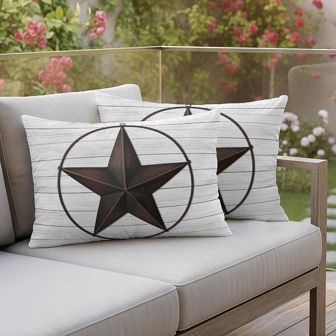 Outdoor Pillow Covers Set of 2, Vintage Farm Western Star Decorative Throw Pillow Covers 20X12IN, White Wood Grain Throw Pillows Protector Cushion Case for Patio,Couch,Sofa,Garden