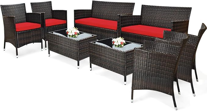 COSTWAY 8PCS Rattan Patio Furniture Set | Outdoor Wicker Rattan Chairs with Coffee Table, Rattan Cushioned Conversation Set for Backyard Balcony Poolside, Red