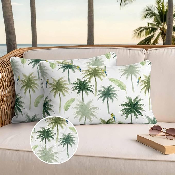 Yukro Summer Palm Tree Parrot Outdoor Waterproof Pillow Covers Pack of 2, Tropical Green Leaf Bird Throw Pillowcases Decorative Cushion Covers for Garden Patio Tent Sofa Couch, 20x12 inch