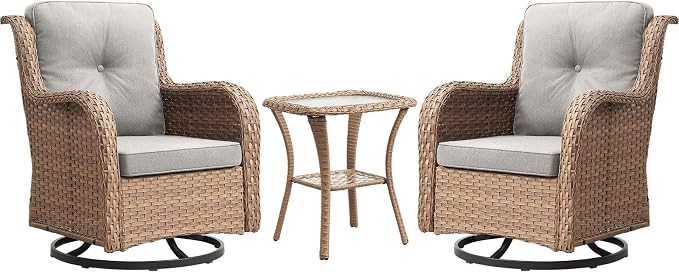 Outdoor Patio Swivel Rocker Chairs - 3 Piece Patio Bistro Set,Wicker Patio Furniture Set with 2 Swivel Rocking Chairs and 1 Glass Top Side Table for Deck Porch Garden,Yellow/Beige