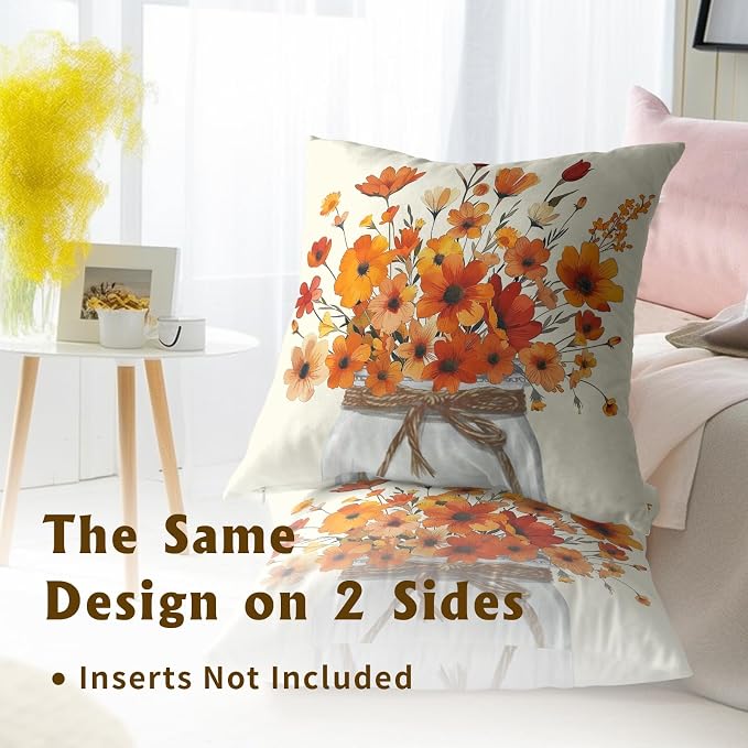 Autumn Flower Throw Pillow Covers 16 x 16 Inches Set of 2,Watercolor Orange Floral Jar Fall Seasonal Pillowcase Square Cushion Cover for Home Living Room Bed Sofa Car