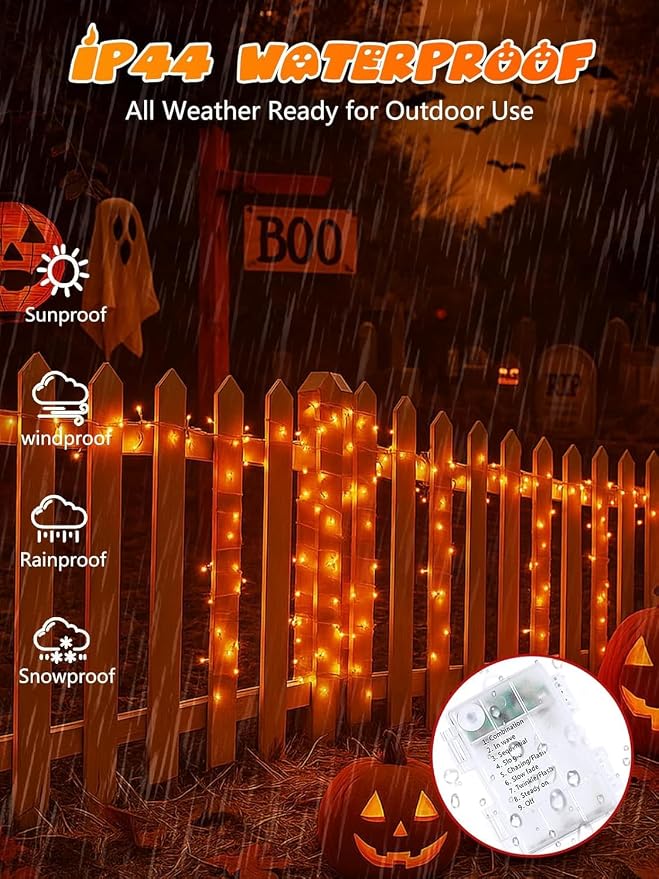 2 Pack 200 LED Battery Operated Halloween Lights, String Lights 8 Modes | 66FT Orange Twinkle Lights with Auto Timer, Battery Fairy Lights Waterproof for Indoor Outdoor Party Bedroom Porch Decor