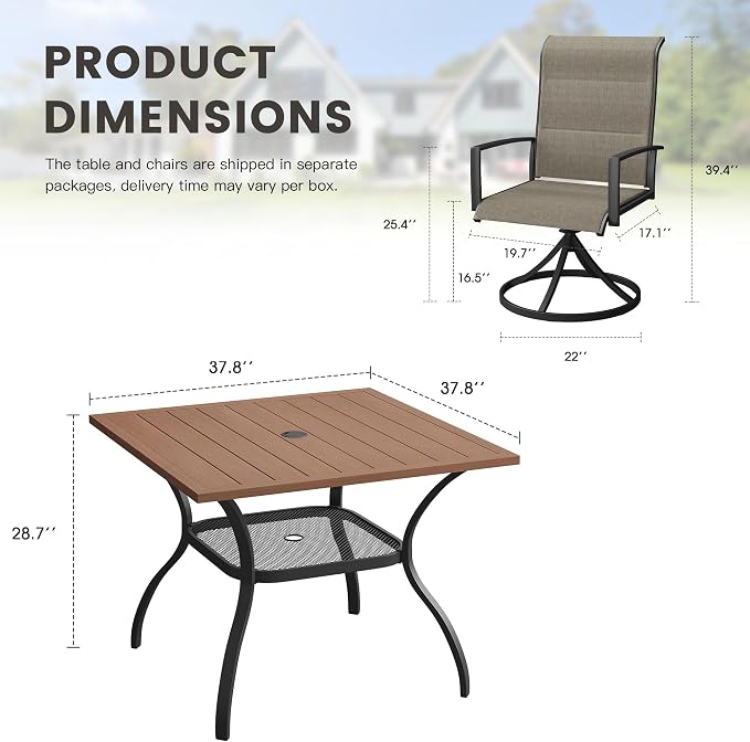 Outdoor Dining Set for 4, 37.8" Outdoor Dining Table with Umbrella Hole and Padded Textilene Patio Swivel Chairs, 5 Pieces Patio Table and Chairs Set for Garden, Mixed Brown and Walnut