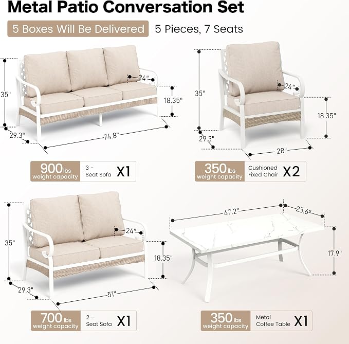 SUNSHINE VALLEY 6 Piece Metal Outdoor Patio Furniture Set, Patio Conversation Set 1 3-Seater Sofa, 2-Seater Sofa, 2 Fixed Chair with 5.75" Thick Cushion & Coffee Table White Backyard Furniture, Beige