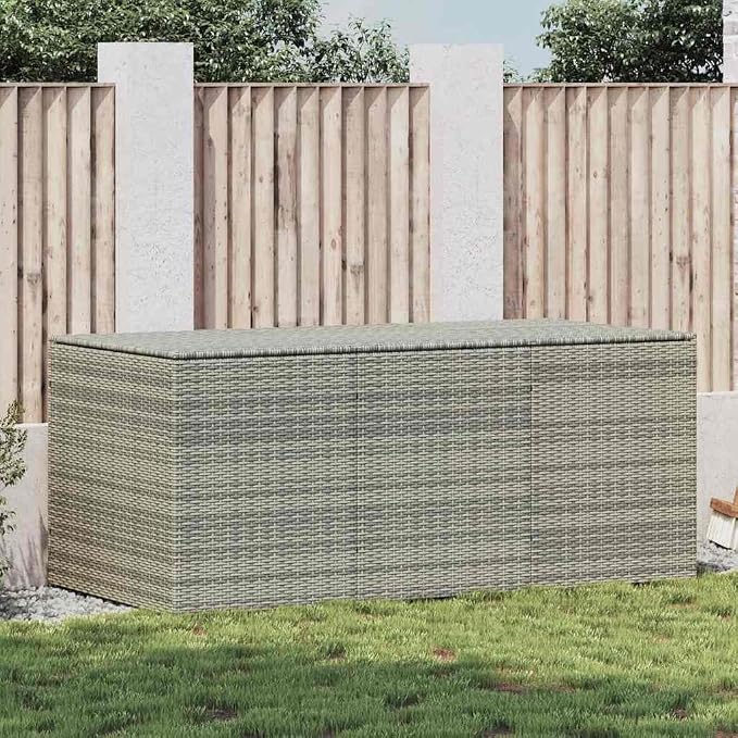Grey PE Rattan Garden Storage Box, Collapsible Outdoor Storage Chest with Steel Frame