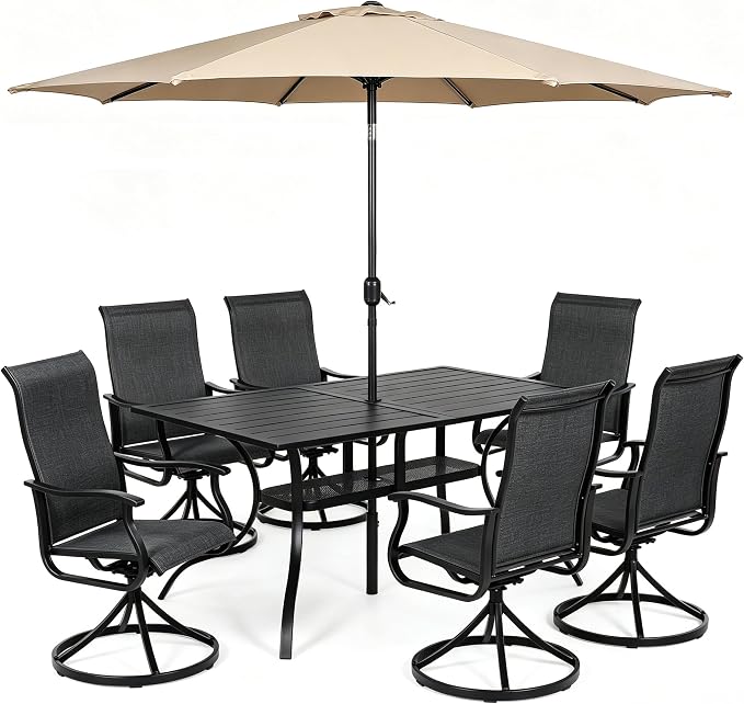 Crownland 7 Piece Furniture Patio Dining Set with Champagne Umbrella, 6 Swivel Metal Chairs and Rectangular Outdoor Dining Table, Outdoor Furniture Dining Set for Lawn, Backyard, Garden(Black)