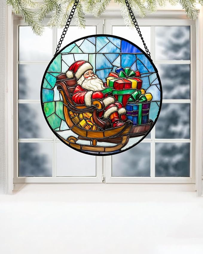 DASTOLL Stained Glass Window Hanging - Santa Claus Gift BoxSuncatcher for Doors Home Christmas Decoration Winter Sun Catcher Thanksgiving New Year Birthday Gift for Women Men Mom Nana 6.3 in