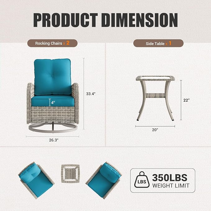 15-Piece Outdoor Patio Furniture Set with Rocking Swivel Chair, Wicker Rattan Sectional Sofa Conversation Set with Tempered Glass Table with Ottomans, Backyard Furniture, Turquoise