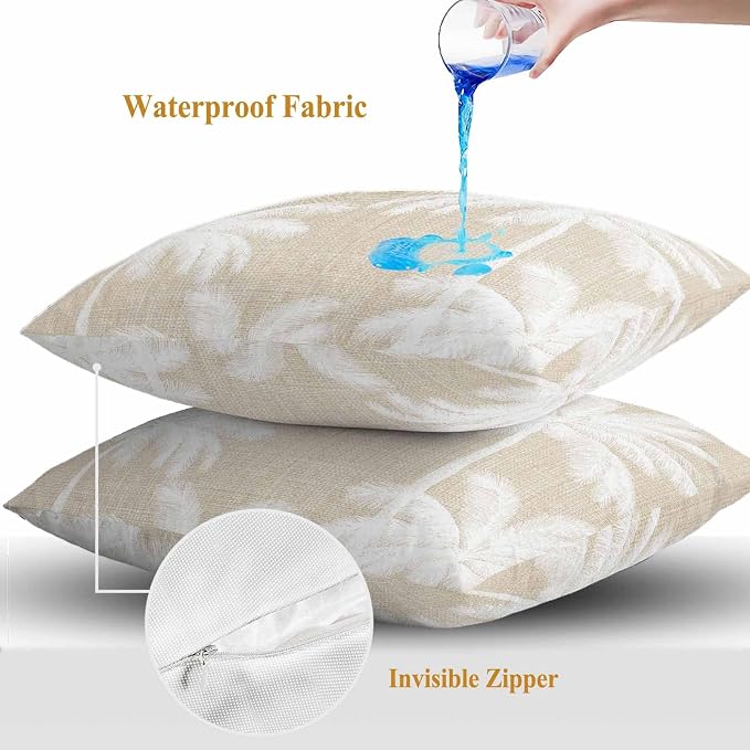 Outdoor Pillow Covers 18x18 Inch Set of 2, Beige Palm Trees Waterproof Throw Pillow Covers, Farmhouse Tropical Summer Beach Decorative Cushion Pillowcases for Couch, Sofa, Bed, Garden, Patio