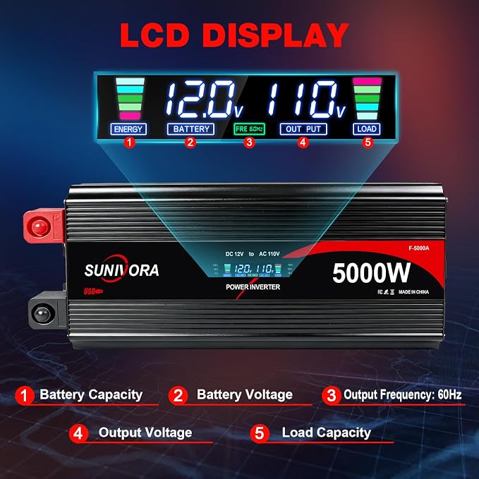 5000 Watt Power Inverter 12V to 110V/120V DC to AC Converter 10000W Peak, with Remote Control & LCD, 4 AC Outlets & USB Ports & Hardwire Terminal for Vehicle Car Truck Boat RV Camping Solar System EPS