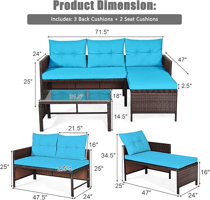 RELAX4LIFE 3-Piece Patio Furniture Set, Outdoor Wicker Sectional Sofa Set w/Washable Cushion, Tempered Glass Coffee Table, Rattan Conversation Set Outdoor Couch for Garden Backyard Deck (Turquoise)
