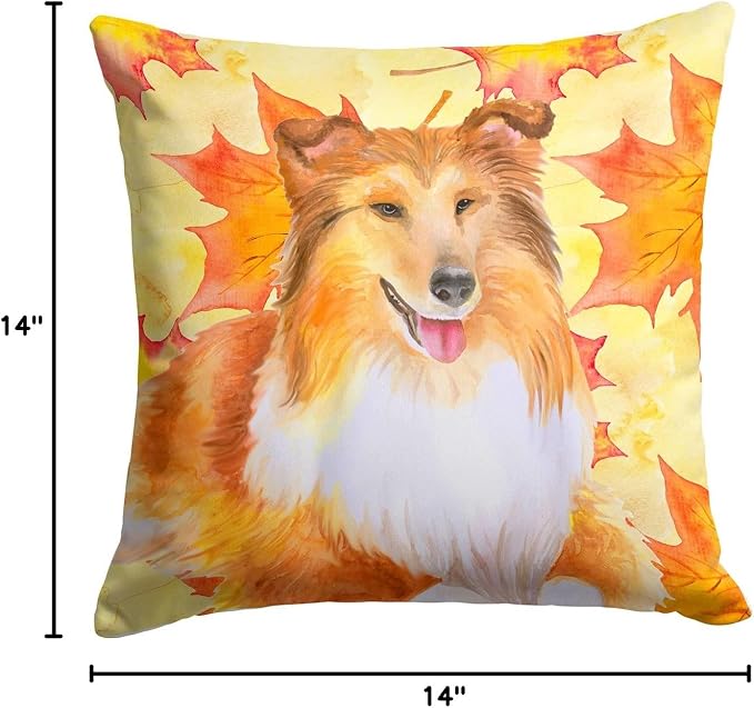 Caroline's Treasures BB9981PW1414 Sheltie Fall Fabric Decorative Pillow, Yellow Machine Washable, Indoor Outdoor Decorative Pillow for Couch, Bed or Patio, 14Hx14W
