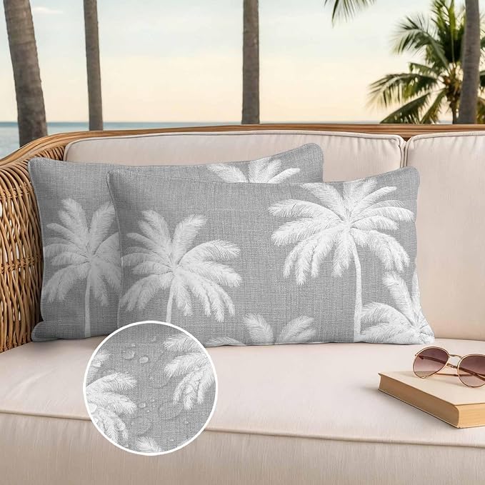 Lumbar Pillow Covers 20x12 Inch Set of 2, Grey Palm Trees Waterproof Outdoor Pillow Covers, Farmhouse Tropical Summer Beach Decorative Cushion Pillowcases for Couch, Sofa, Bed, Garden, Patio