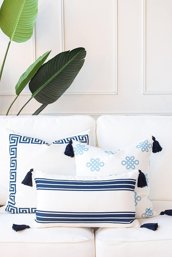 Hofdeco Premium Coastal Patio Indoor Outdoor Lumbar Pillow Cover ONLY for Backyard, Couch, Sofa, Baby Blue Greek Key Knot Tassel, 18"x18"