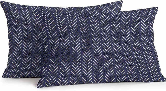 Vandarllin Outdoor Throw Pillows Covers 20x12 inch Set of 2 Waterproof Navy Blue Stripes Decorative Zippered Cushion Covers for Patio Furniture, Modern Art Lines Lumbar Pillowcases