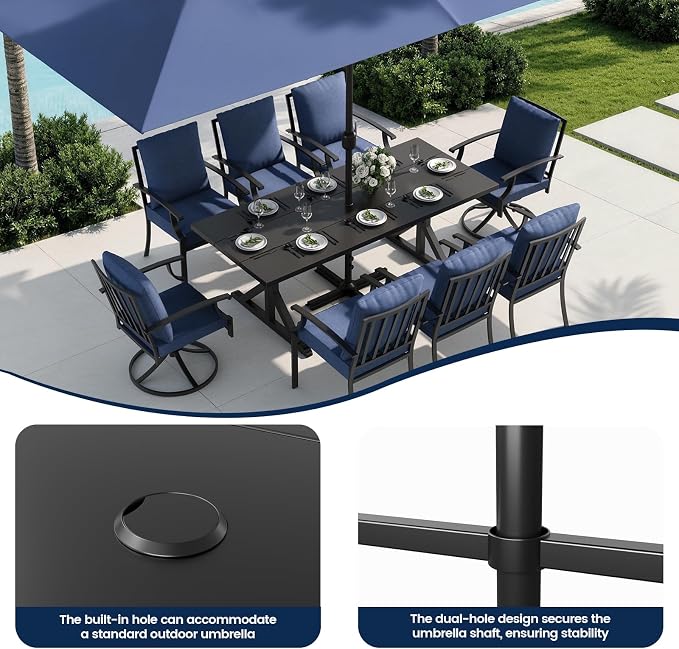7 Piece Outdoor Dining Set for 6, Metal Patio Table and Chairs with Cushions, Patio Furniture Set with 6 Swivel Chairs, Rectangular Metal Dining Table with Umbrella Hole, Lawn Deck Yard-Navy