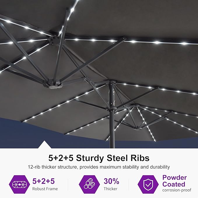 PURPLE LEAF 15ft Double-Sided Patio Umbrella with Base and Solar Lights Outdoor Market Umbrella with Crank Handle Rectangle Umbrella for Backyard Pool Garden Deck, Grey