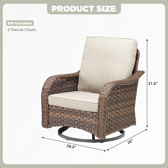 2 PCS Swivel Rocker Patio Chairs, 360° Swivel & Glide Outdoor Wicker Furniture, 4" High Back Thick Cushions with Lumbar Support, 300 lbs Heavy Duty Porch Chairs for Small Space, Grey