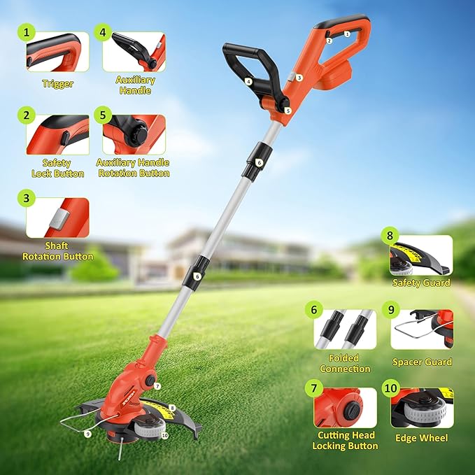 12" Cordless String Trimmer 2 X 2.0Ah Battery Powered with Charger, Electric Weed Wacker, Weed Eater, 20V Lawn Mower Lawn Edger, Auto Feed Grass Cutter Lightweight Yard Tools for Small Yard Garden